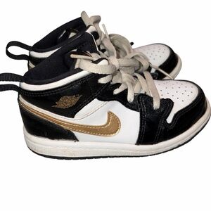 Nike Jordan 1 Mid SE Patent Black White Metallic Gold Kids Sneakers Shoes 10